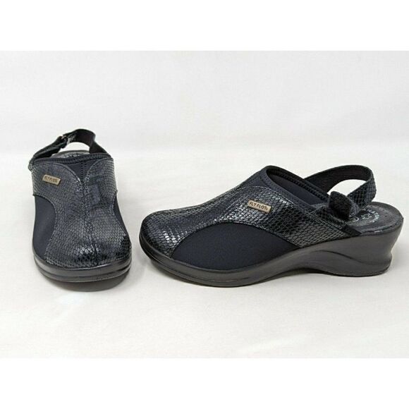 FLY FLOT SANDALS BLACK LEATHER SNAKESKIN BACK STRAP WOMENS SIZE US 6.5 EU 38 - Picture 1 of 7